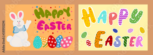 Fototapeta Naklejka Na Ścianę i Meble -  Two bright Happy Easter cards, with a rabbit, Easter eggs and a bright multi-colored inscription.