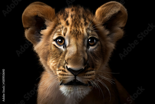Close-up of the lion cub's muzzle with a kind, looking straight at the camera against a black background