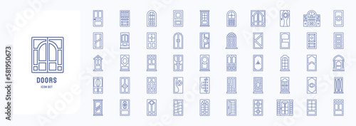 Decorative wooden doors icon set including icons like House door, door design and more
