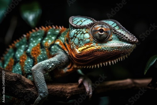 Slowly moving chameleon panther ambilobe, chameleon panther on branch, and chameleon panther closeup. Generative AI © AkuAku