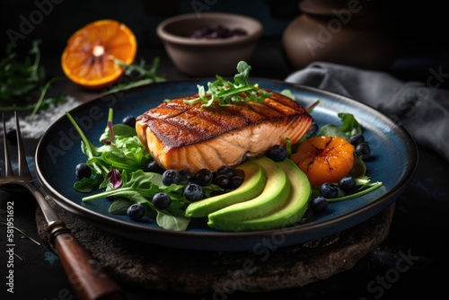 Grilled salmon steak, avocado slices, and greens on a background of deep blue velvet. Restaurant table with seafood. Generative AI