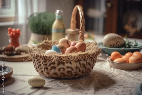 Polish Easter basket on the table of a family. Generative AI photo