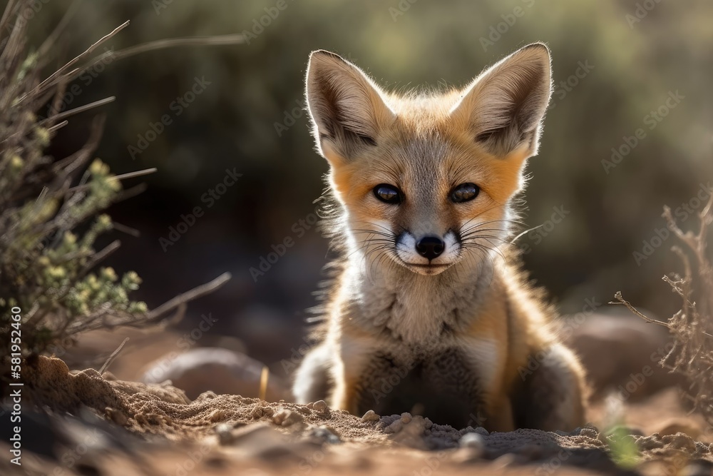 Obraz premium The Cape Fox cub emerges from the borrow to enjoy the sunshine. Generative AI