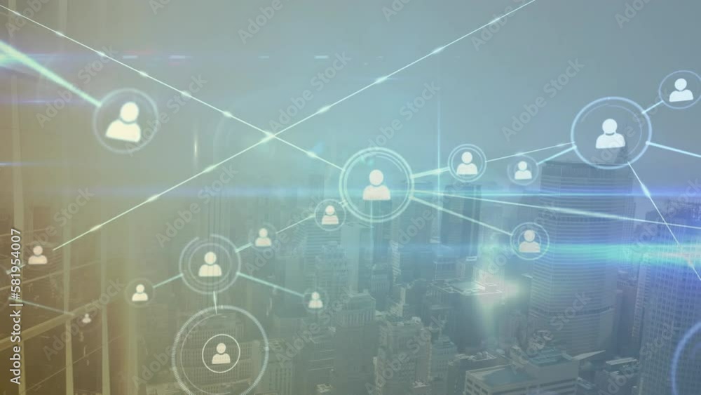 Animation of profile icons connected with lines over over aerial view of modern city Animation of profile icons connected with lines over over aerial view of modern city