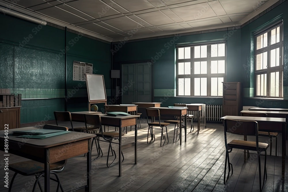 empty classroom with chair and board. Generative AI empty classroom with chair and board. Generative AI