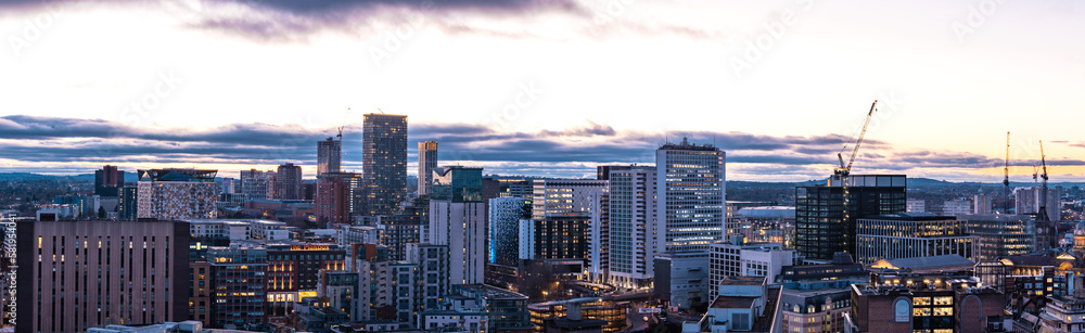 Naklejka premium Panoramic aerial shot of Birmingham City Skyline 2023 with dramatic clouds