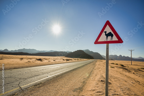 Camel sign in desert, Wadi Rum, Jordan
