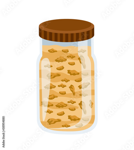 Oat flakes in jar. Oatmeal with yogurt. Traditional and tasty breakfast. Proper nutrition and healthy eating. Grains and cereals, muesli. Cartoon flat vector illustration