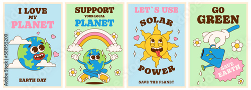 Save the planet poster set in trendy groovy style. Earth Day. Solar Power. Go green. I love my planet. Funny vector earth character and mascot. Eco friendly conception. Vector illustration.