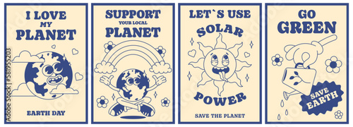 Save the planet poster set in trendy groovy style. Earth Day. Solar Power. Go green. I love my planet. Funny vector earth character and mascot. Eco friendly conception. Vector. Monochrome palette.