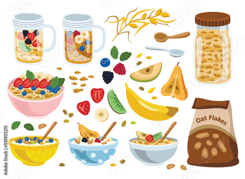 Breakfast icons set. Oatmeal, strawberry, blackberry, kiwi and banana. Healthy eating and proper nutrition. Wooden and metal spoon. Cartoon flat vector illustrations isolated on white background