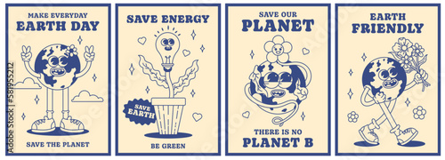Save the planet poster set in trendy groovy style. Earth Day. Earth friendly. Save energy. Funny vector earth character and mascot. Eco friendly conception. Vector. Monochrome palette.