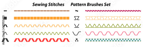 Sewing Stitches set. Border of seamless machine stitch. Pattern brushes collection different elements. Monochrome lines isolated on white background.