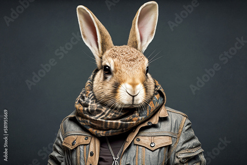 Portrait of Rabbit wearing leather jacket and scarf. Animal wears street fashion. Made with Generative AI photo