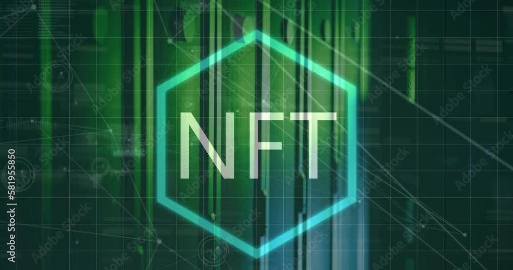 Animation of nft text in hexagon over connected dots with graph and soundwaves icons on server room Animation of nft text in hexagon over connected dots with graph and soundwaves icons on server room