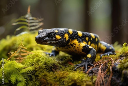 Salamandra salamandra, a fire salamander, is seen squinting from a moss covered tree in a forest. Animal with yellow spots and stripes that is patterned in its natural habitat. Generative AI