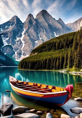 beautiful landscape, mountain, on a lake, with a boat,