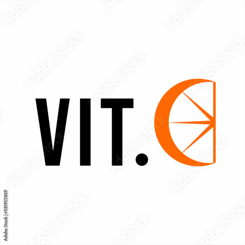 Vit C word design with illustration of cut orange fruit on letter C.