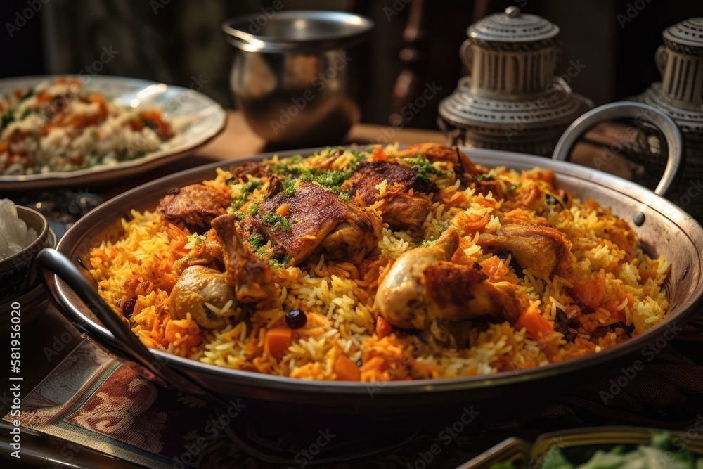homemade Biryani with chicken. Kabsa bowls, a typical Arabic dish, contain meat. looking up. Generative AI homemade Biryani with chicken. Kabsa bowls, a typical Arabic dish, contain meat. looking up. Generative AI