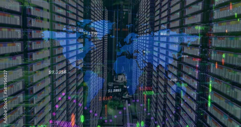 Animation of graphs, numbers and map over server racks and equipment in background Animation of graphs, numbers and map over server racks and equipment in background