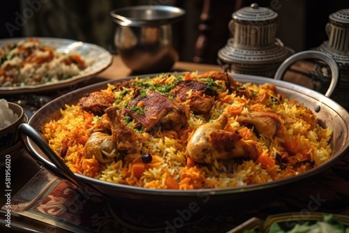 homemade Biryani with chicken. Kabsa bowls, a typical Arabic dish, contain meat. looking up. Generative AI