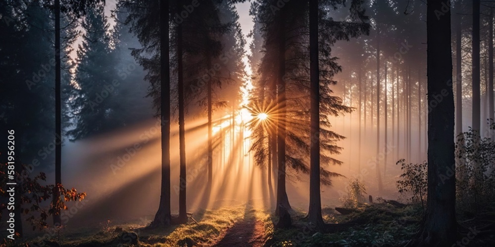 Misty forest with sun rising in distance representing beauty of new day