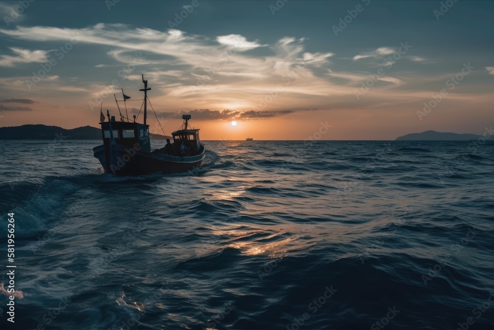 Floating in the ocean are fishing boats. anglers in a boat. Open water fishing boat sailing. fisherman on a boat sailing boat scenery. Generative AI