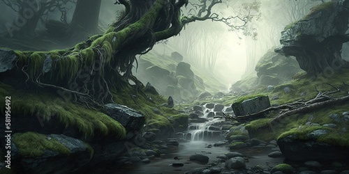 Eerie and misty forest filled with ancient trees moss covered rocks and hidden streams, concept of Mysterious and Atmospheric, created with Generative AI technology