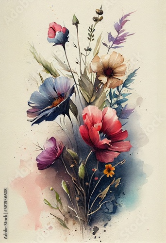 Watercolor floral. Bouquet of flowers watercolors. bouquet of flowers painted with acrylic paint. Poster with flowers. Postcard and cover card made of multicolored watercolor paints. ai generative