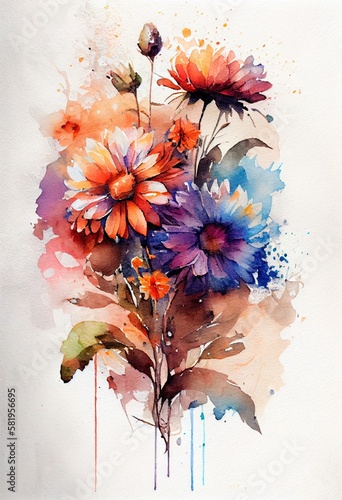 Watercolor floral. Bouquet of flowers watercolors. bouquet of flowers painted with acrylic paint. Poster with flowers. Postcard and cover card made of multicolored watercolor paints. ai generative