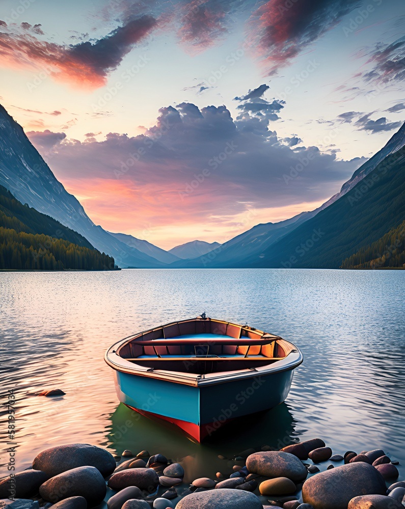 beautiful landscape, mountain, on a lake, with a boat,