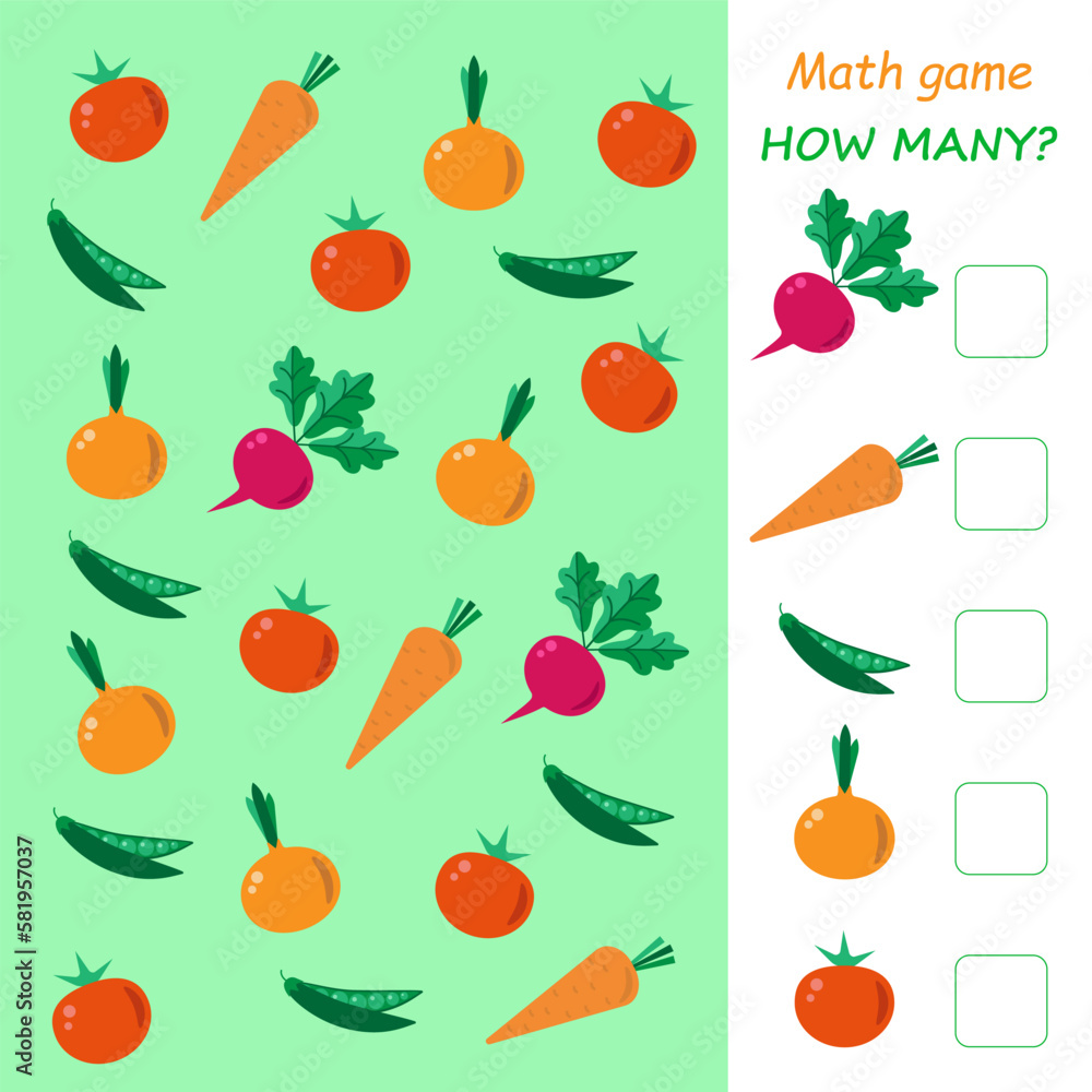 Educational math game for kids. Count how many objects are in the picture. Illustration with vegetables. Educational math game for kids. Count how many objects are in the picture. Illustration with vegetables.