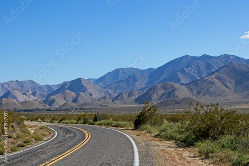Rugged mountains rise above the desert valleys of Anza-Borrego Desert State Park in San Diego, California