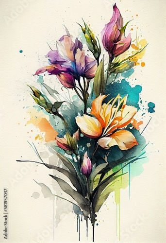 Watercolor floral. Bouquet of flowers watercolors. bouquet of flowers painted with acrylic paint. Poster with flowers. Postcard and cover card made of multicolored watercolor paints. ai generative
