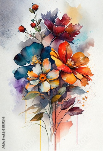 Watercolor floral. Bouquet of flowers watercolors. bouquet of flowers painted with acrylic paint. Poster with flowers. Postcard and cover card made of multicolored watercolor paints. ai generative