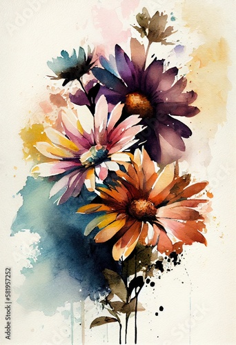 Watercolor floral. Bouquet of flowers watercolors. bouquet of flowers painted with acrylic paint. Poster with flowers. Postcard and cover card made of multicolored watercolor paints. ai generative