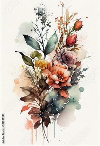 Watercolor floral. Bouquet of flowers watercolors. bouquet of flowers painted with acrylic paint. Poster with flowers. Postcard and cover card made of multicolored watercolor paints. ai generative