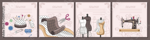 Square atelier banners set. Template for greeting cards. Sewing machine and needlework. Pincushion, scissors with fabric and mannequin. Cartoon flat vector illustrations isolated on brown background