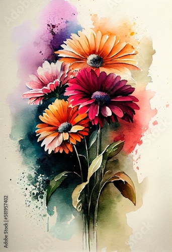 Watercolor floral. Bouquet of flowers watercolors. bouquet of flowers painted with acrylic paint. Poster with flowers. Postcard and cover card made of multicolored watercolor paints. ai generative
