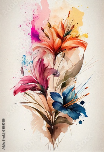 Watercolor floral. Bouquet of flowers watercolors. bouquet of flowers painted with acrylic paint. Poster with flowers. Postcard and cover card made of multicolored watercolor paints. ai generative