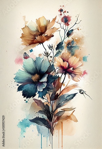 Watercolor floral. Bouquet of flowers watercolors. bouquet of flowers painted with acrylic paint. Poster with flowers. Postcard and cover card made of multicolored watercolor paints. ai generative