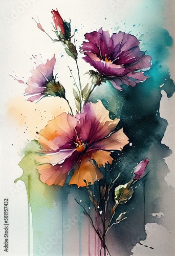 Watercolor floral. Bouquet of flowers watercolors. bouquet of flowers painted with acrylic paint. Poster with flowers. Postcard and cover card made of multicolored watercolor paints. ai generative