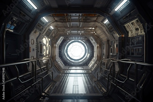 High definition (8K) sci fi spaceship corridor, shuttle interior modeled by the ISS International space station's dome. window to the earth,. Generative AI