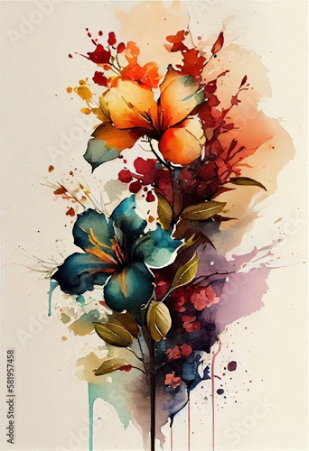 Watercolor floral. Bouquet of flowers watercolors. bouquet of flowers painted with acrylic paint. Poster with flowers. Postcard and cover card made of multicolored watercolor paints. ai generative