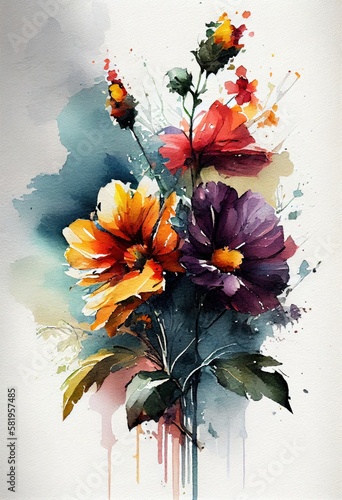 Watercolor floral. Bouquet of flowers watercolors. bouquet of flowers painted with acrylic paint. Poster with flowers. Postcard and cover card made of multicolored watercolor paints. ai generative