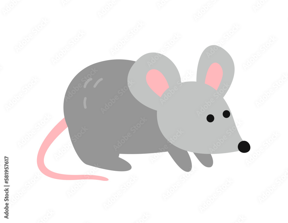 Naklejka premium Wild forest animal. Colorful sticker with small gray mouse. Funny woodland mammal or rodent. Design element for printing on fabric. Cartoon flat vector illustration isolated on white background