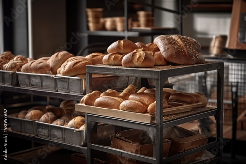 Freshly made breads and rolls are displayed on a cart with a tray rack in a bakery. Generative AI