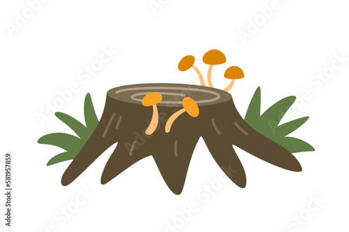 Old tree stump. Sticker with roots and dry stump of felled tree with growing mushrooms. Wild plant in woodland. Cartoon flat vector illustration isolated on white background