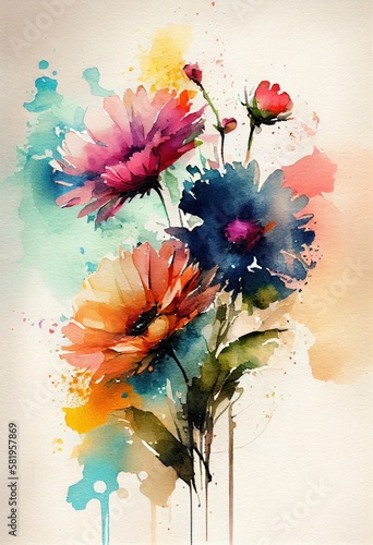 Watercolor floral. Bouquet of flowers watercolors. bouquet of flowers painted with acrylic paint. Poster with flowers. Postcard and cover card made of multicolored watercolor paints. ai generative