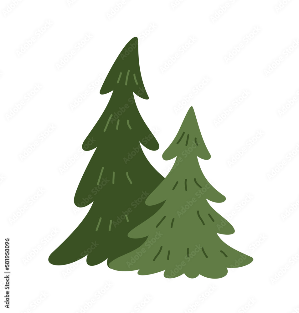 Fototapeta premium Green Forest Tree. Sticker with beautiful woodland or garden plant with needles. Christmas tree. Nature and environment. Cartoon flat vector illustration isolated on white background